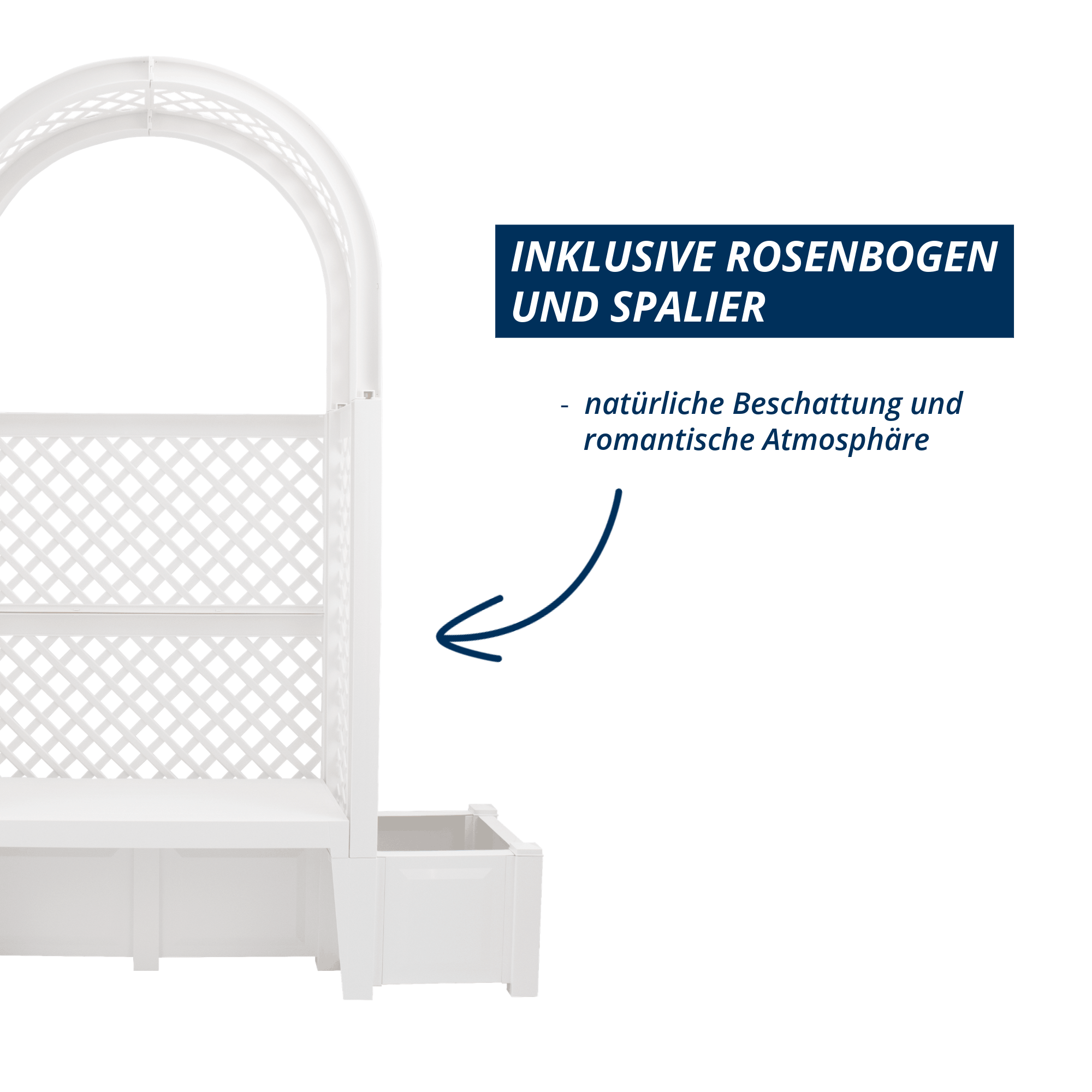 Detailgrafik der weißen Gartenbank Amsterdam mit integriertem Rosenbogen und Rankgitter für natürliche Beschattung und dekorative Gartenatmosphäre.