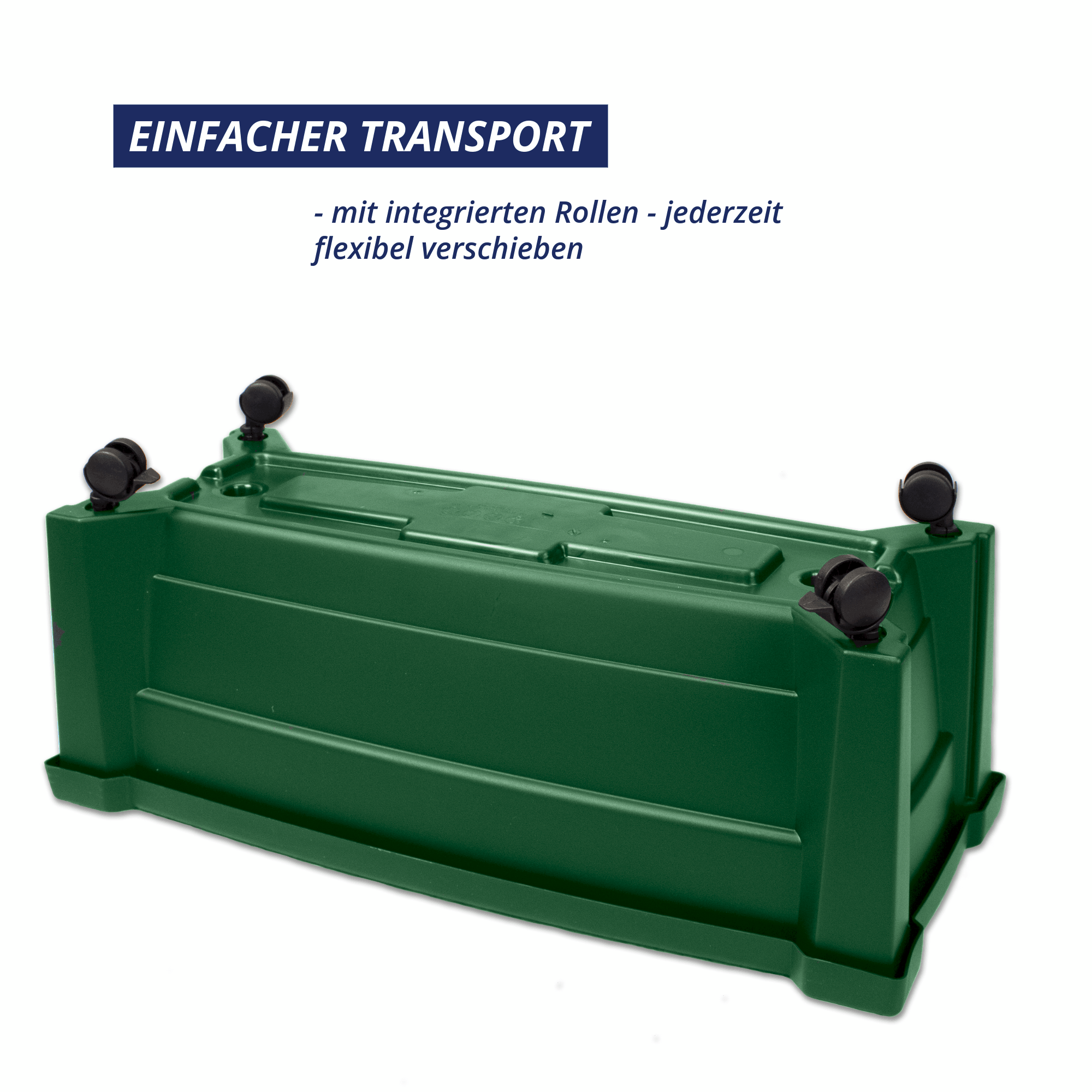 Grüner KHW Calypso Pflanzkasten von unten mit vier integrierten Rollen für einfachen Transport und flexibles Verschieben auf Balkon oder Terrasse.