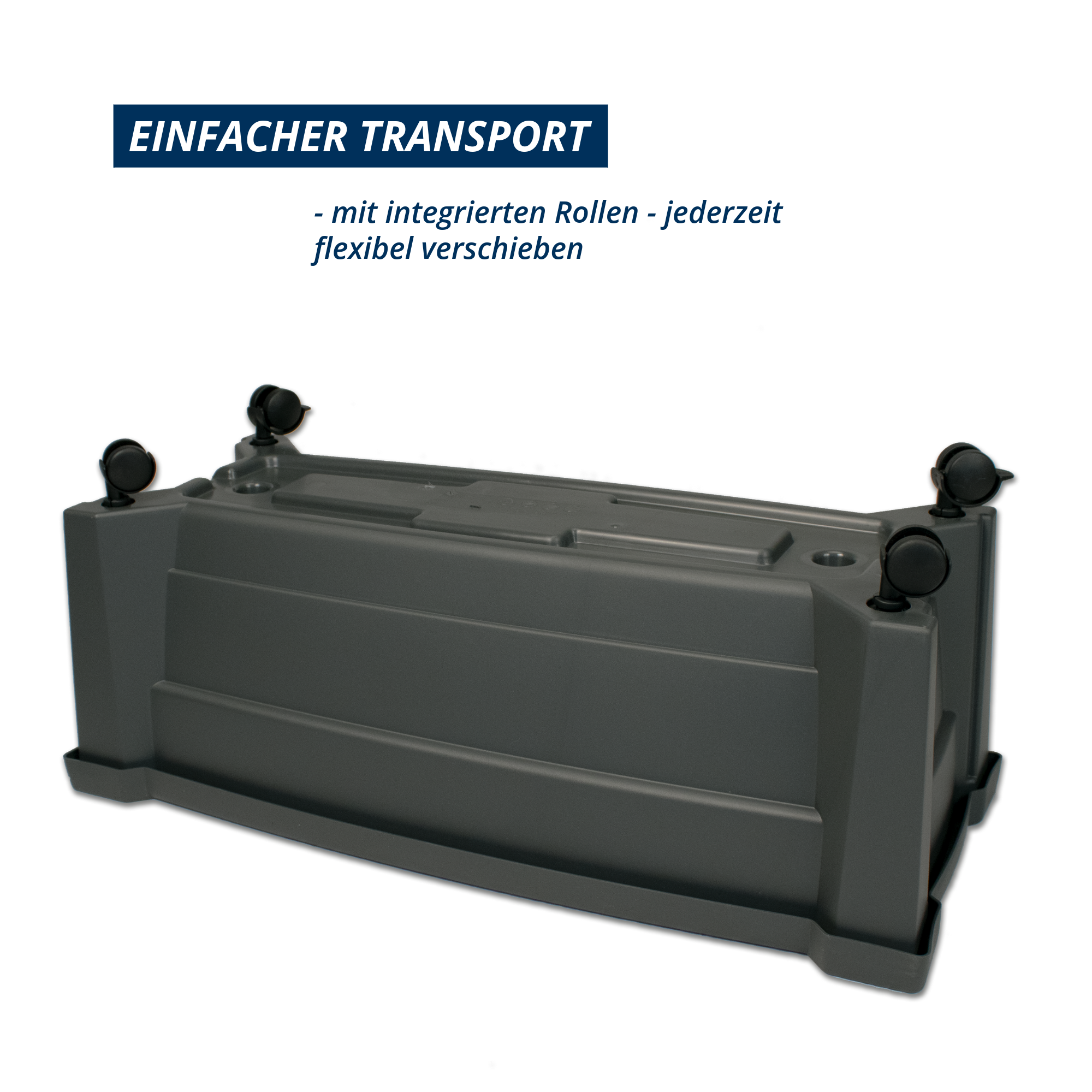 Unterseite eines anthrazitfarbenen Pflanzkastens Calypso mit vier Rollen. Text im Bild: „Einfacher Transport – mit integrierten Rollen, jederzeit flexibel verschiebbar“.