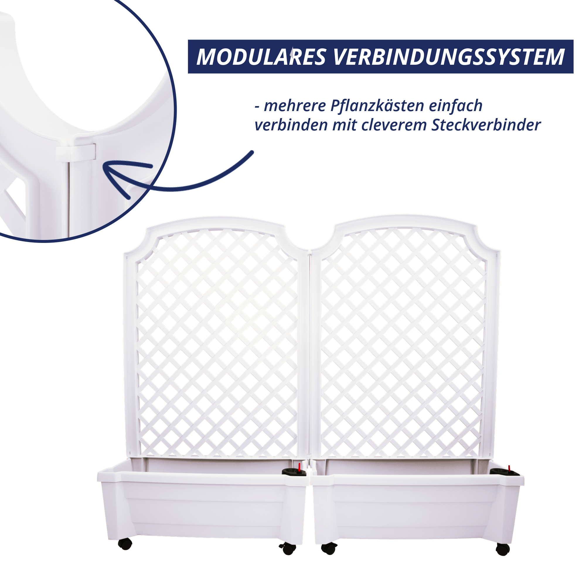 Zwei weiße KHW Calypso Pflanzkästen mit Spalier verbunden durch modulares Stecksystem, erweiterbar für Sichtschutz und größere Pflanzflächen.