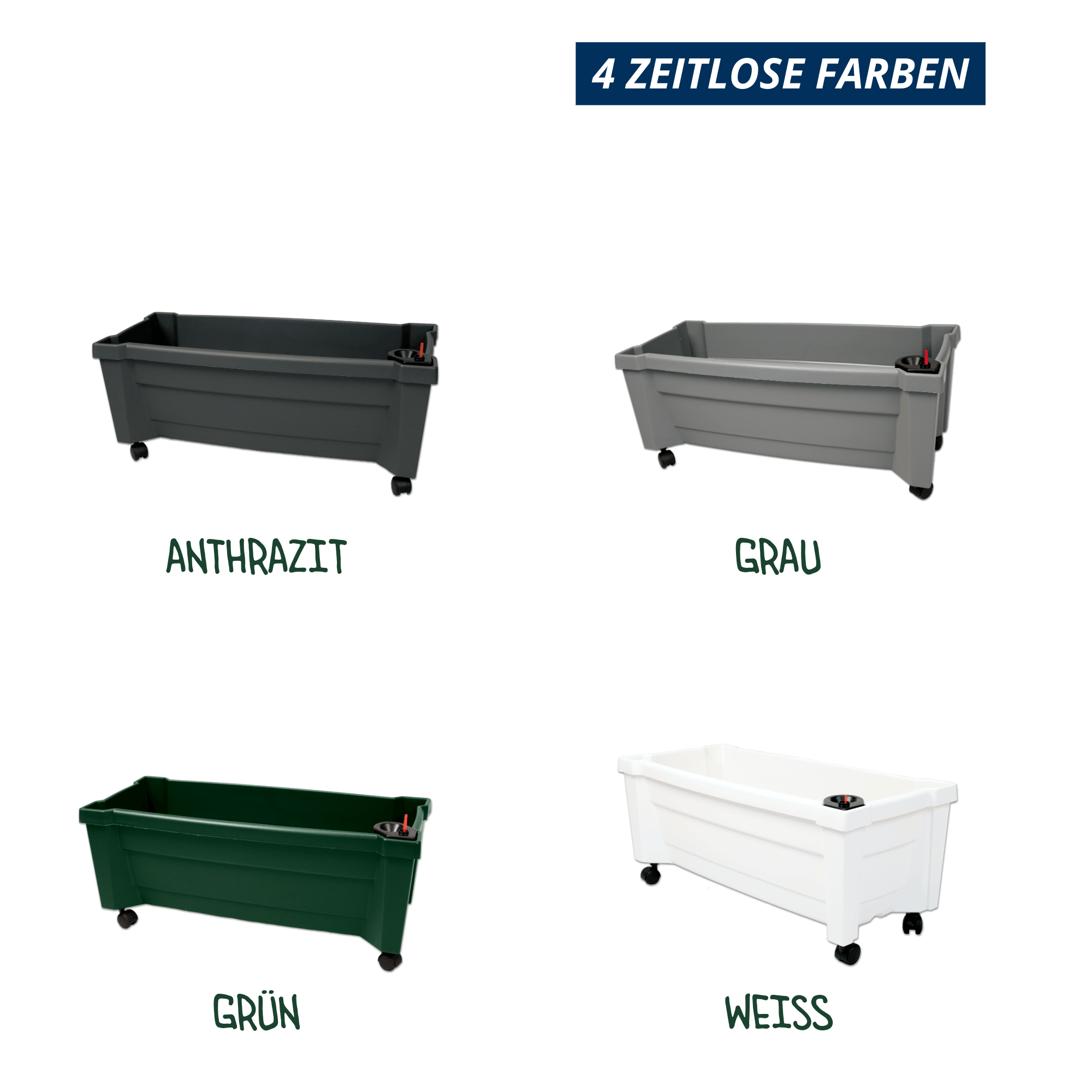 Übersicht der vier Farbvarianten des Pflanzkastens Calypso: Anthrazit, Grau, Grün und Weiß. Alle Modelle mit Rollen und Wasserstandsanzeiger.