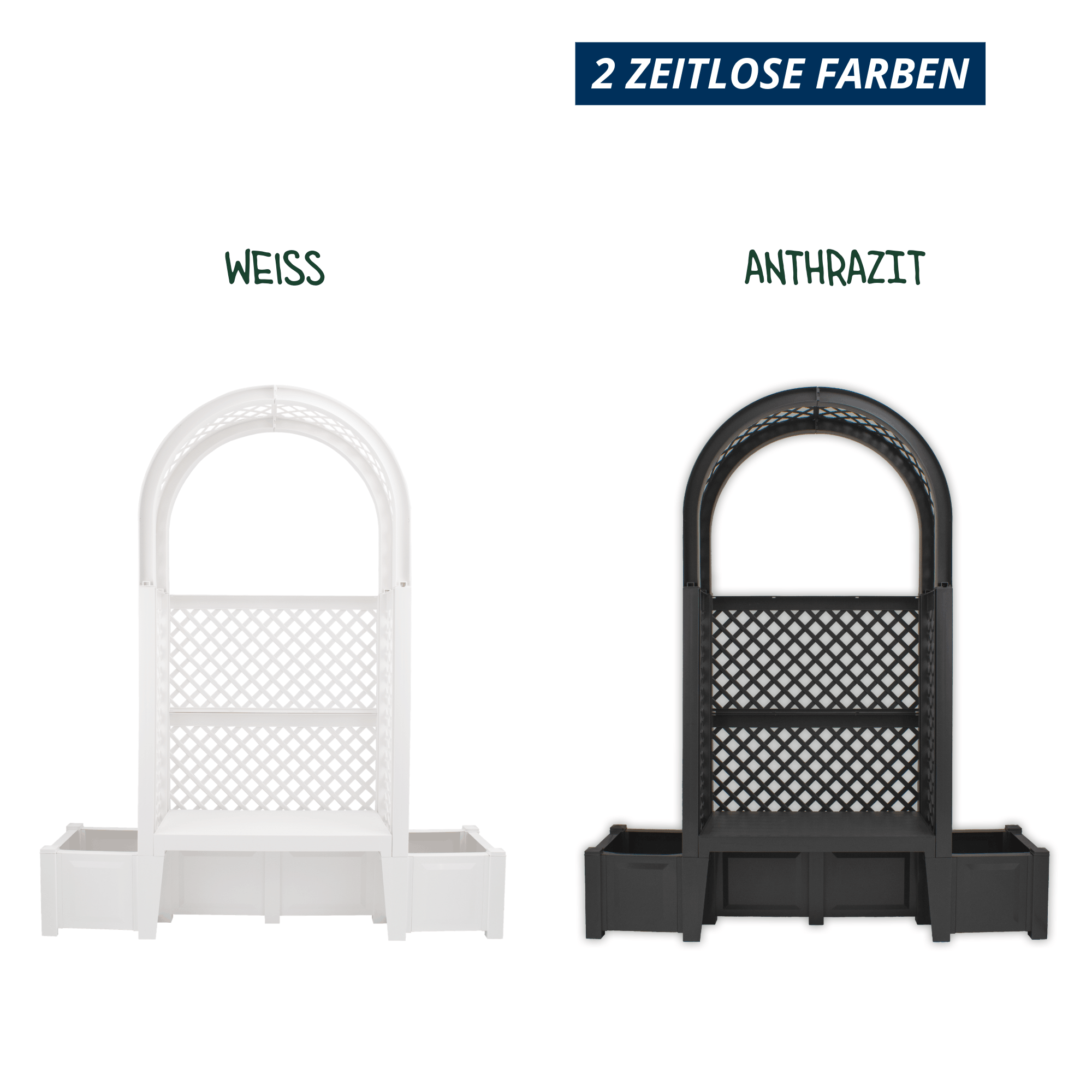 Farbvarianten der Gartenbank Amsterdam im Vergleich: Modell in Weiß und Modell in Anthrazit mit Rosenbogen und Pflanzkästen.