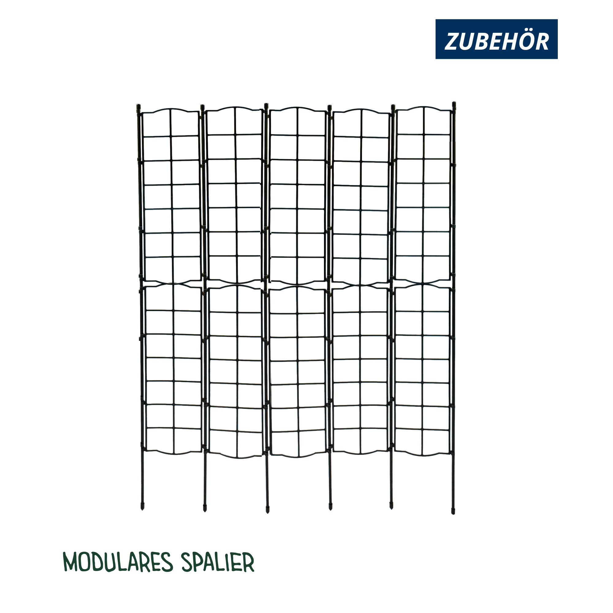 Zubehörbild mit modularem schwarzem Spalier für den Pflanzkasten Calypso. Mehrteiliges Rankgitter zum Einstecken. Text im Bild: „Zubehör – Modulares Spalier“.