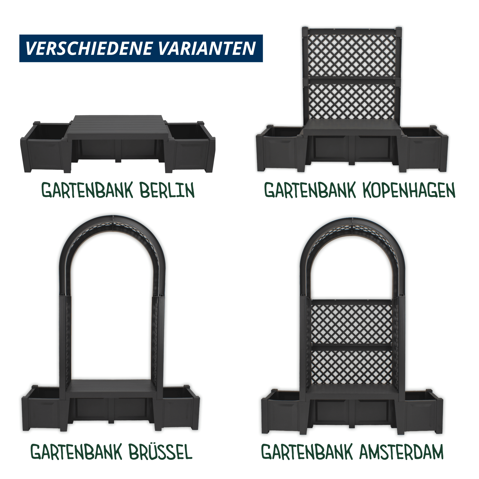 Übersicht verschiedener Gartenbank-Modelle: Berlin, Kopenhagen, Brüssel und Amsterdam in anthrazit mit unterschiedlichen Rückenlehnen- und Rosenbogen-Varianten.