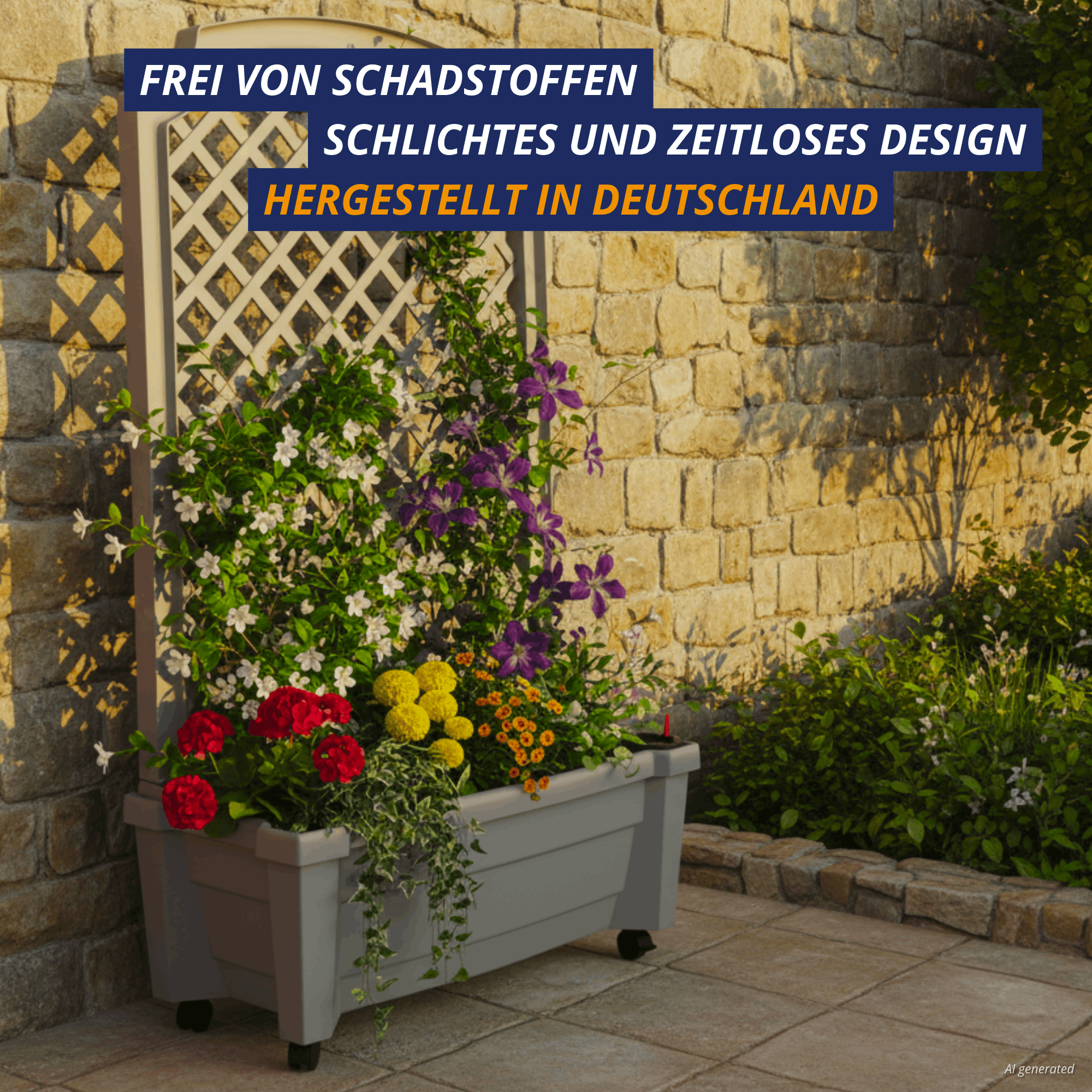 Grauer KHW Calypso Pflanzkasten mit Spalier an Natursteinwand, bepflanzt mit Blumen, hergestellt in Deutschland, schadstofffrei und zeitloses Design.