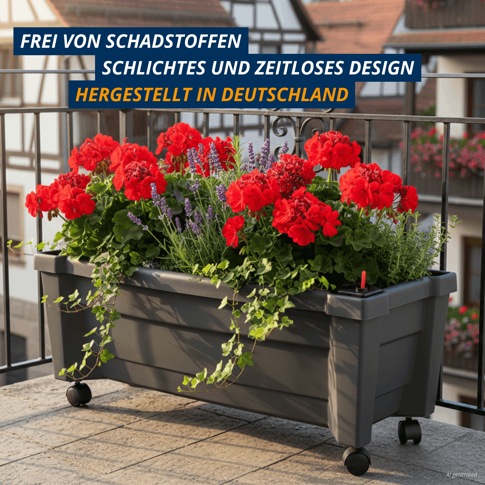 Anthrazitfarbener Pflanzkasten Calypso auf Balkon mit roten Blüten und Lavendel. Text im Bild: frei von Schadstoffen, schlichtes zeitloses Design, hergestellt in Deutschland.