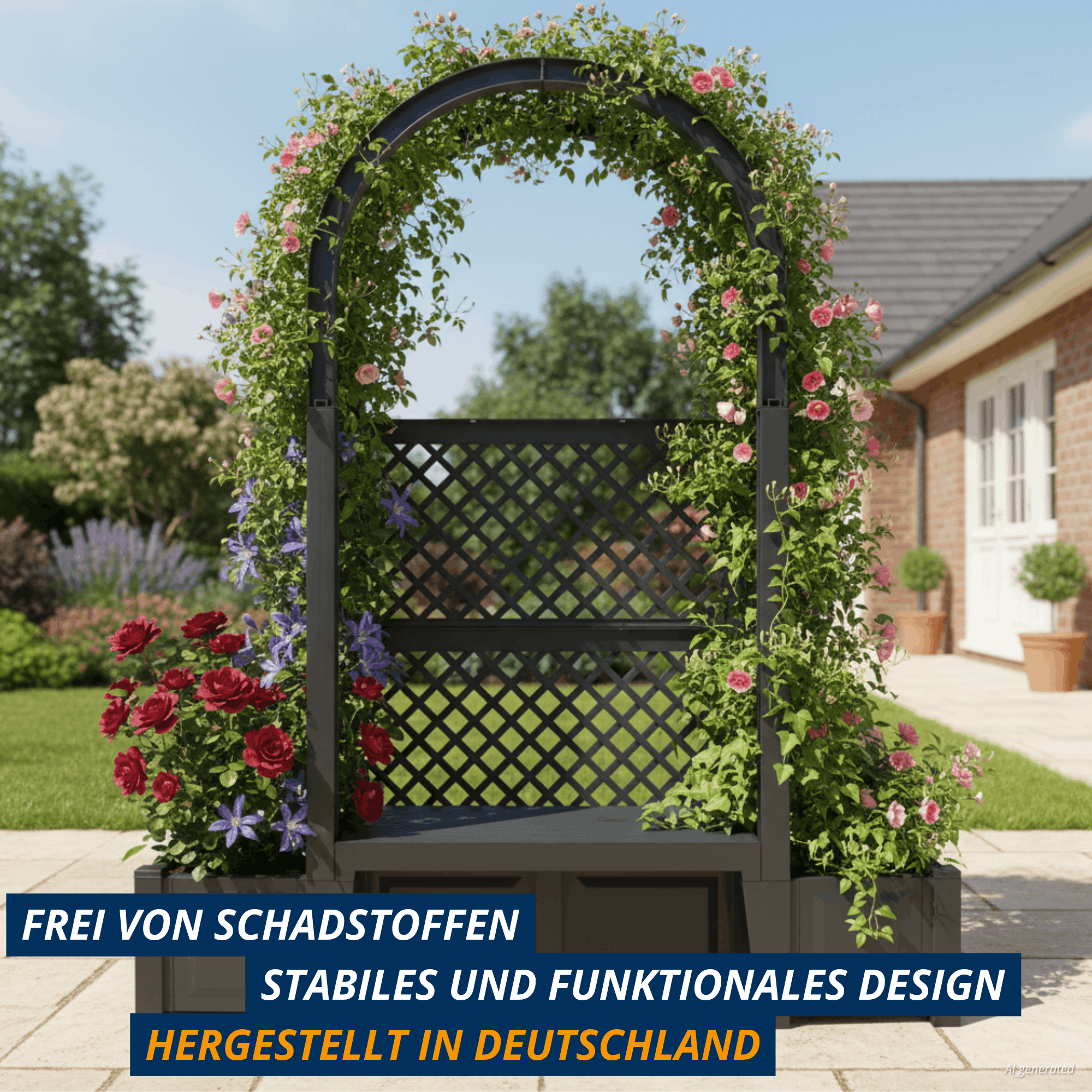 Anthrazitfarbene Gartenbank Amsterdam mit üppig bepflanztem Rosenbogen im Garten, hervorgehobene Merkmale: schadstofffrei, stabiles Design, hergestellt in Deutschland.
